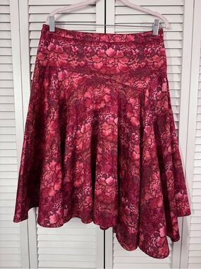 Peruvian Connection Godet Midi Skirt Asymmetrical Artsy Boho Burgundy Paisley 12